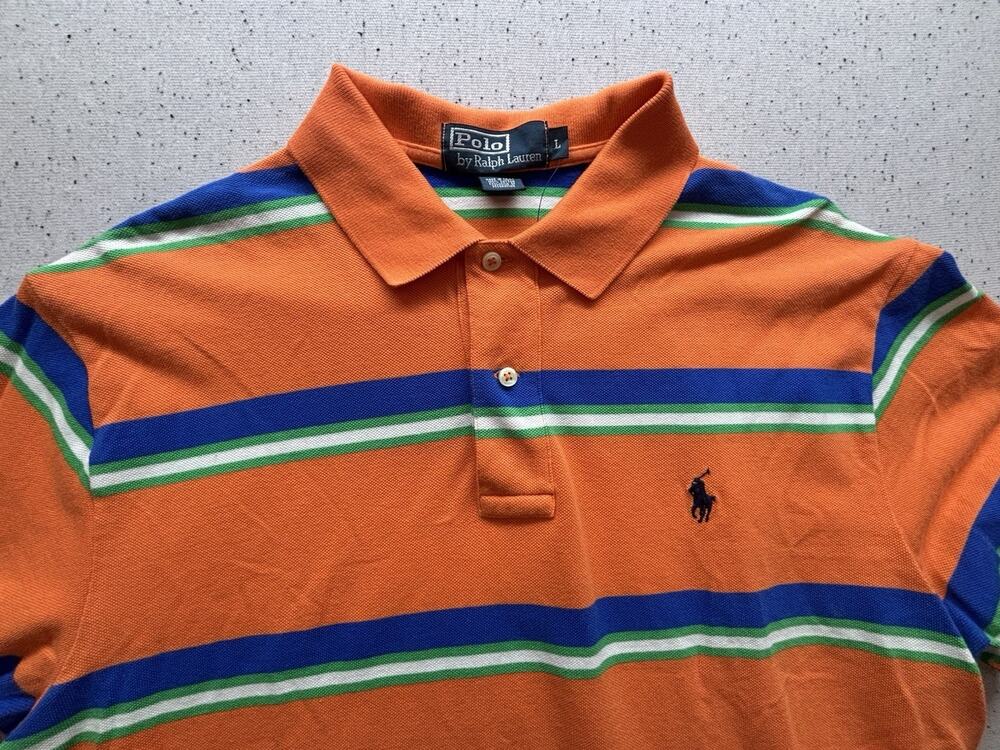 Polo Ralph Lauren Shirt Mens L Orange Blue Green Striped Pique Polo Large SS